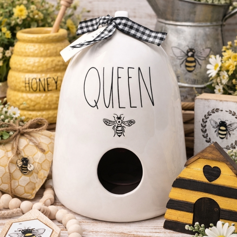 Farmhouse “Queen Bee” Ceramic Birdhouse | Rae Dunn Decor | Rustic Cottage